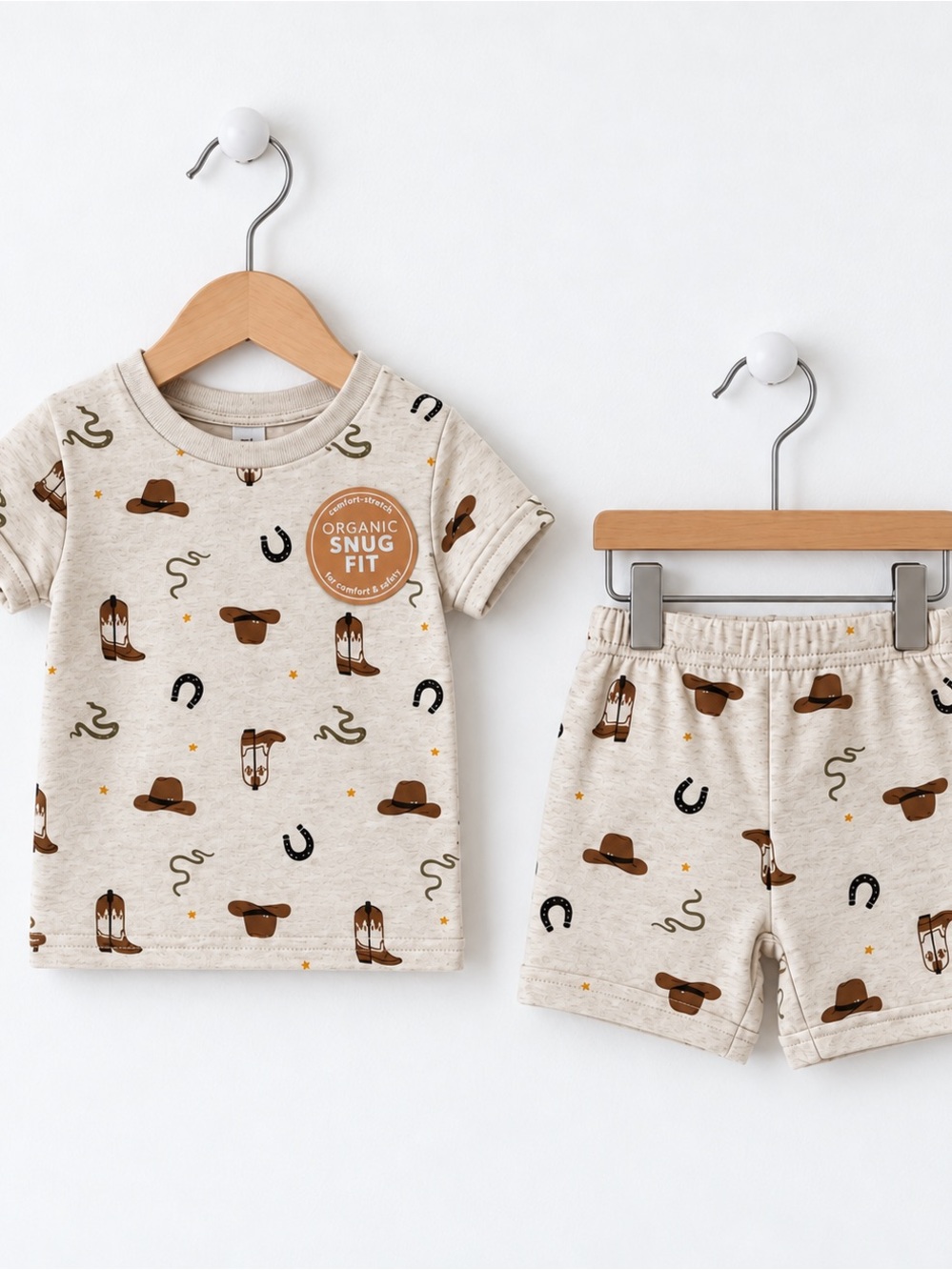 Organic Cowboy Print Kids Pajama Set in Beige